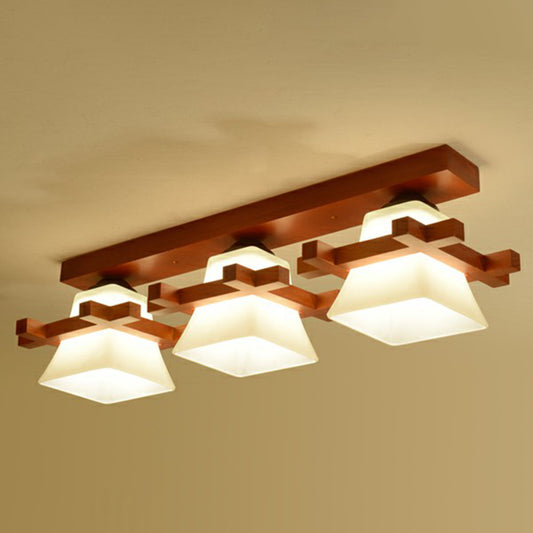 Pagoda Shaped Flush Ceiling Light Nordic Frosted White Glass Coffee Semi Mount Lighting with Wooden Frame 3 Coffee Clearhalo 'Ceiling Lights' 'Close To Ceiling Lights' 'Close to ceiling' 'Semi-flushmount' Lighting' 2294471