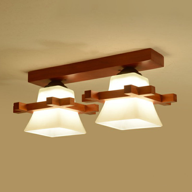 Pagoda Shaped Flush Ceiling Light Nordic Frosted White Glass Coffee Semi Mount Lighting with Wooden Frame 2 Coffee Clearhalo 'Ceiling Lights' 'Close To Ceiling Lights' 'Close to ceiling' 'Semi-flushmount' Lighting' 2294472