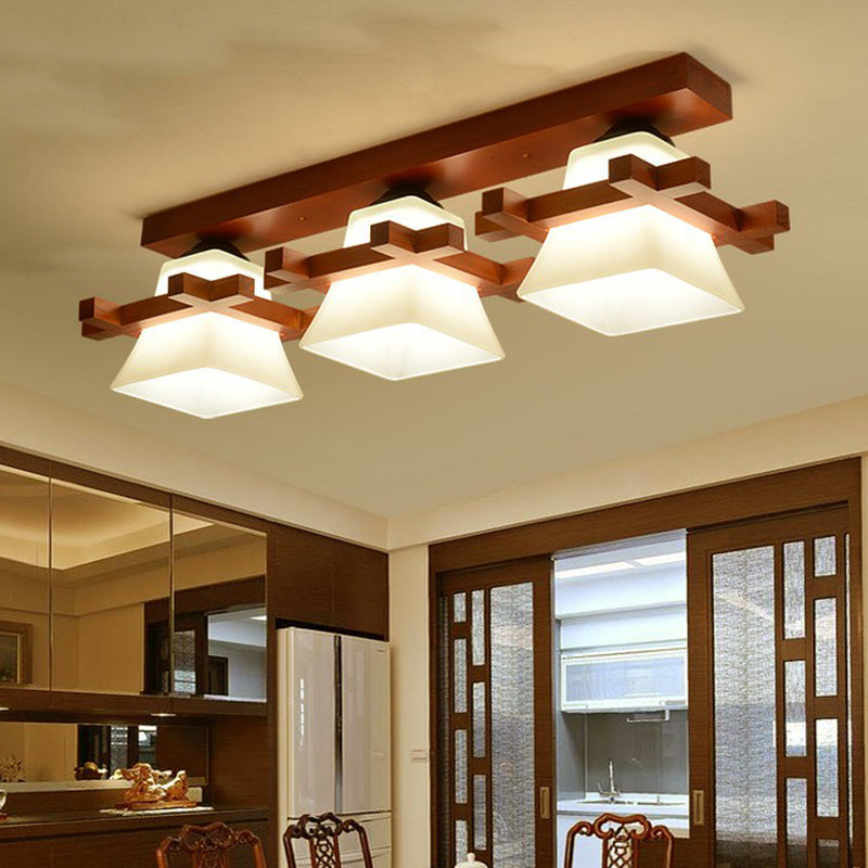 Pagoda Shaped Flush Ceiling Light Nordic Frosted White Glass Coffee Semi Mount Lighting with Wooden Frame Clearhalo 'Ceiling Lights' 'Close To Ceiling Lights' 'Close to ceiling' 'Semi-flushmount' Lighting' 2294473