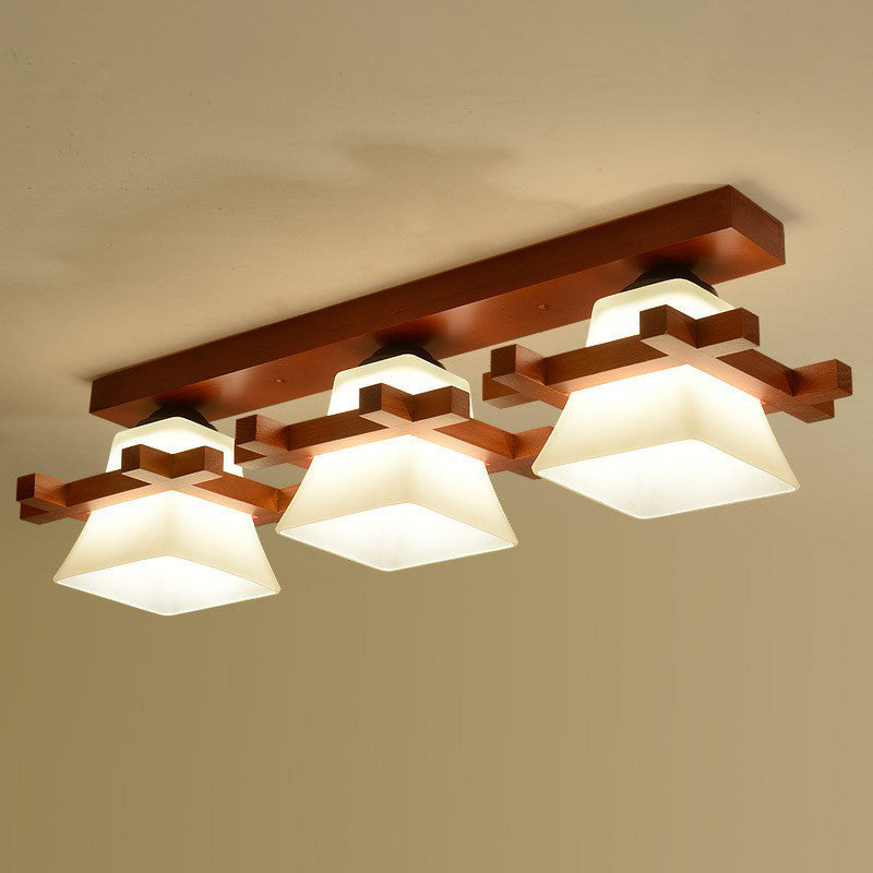 Pagoda Shaped Flush Ceiling Light Nordic Frosted White Glass Coffee Semi Mount Lighting with Wooden Frame Clearhalo 'Ceiling Lights' 'Close To Ceiling Lights' 'Close to ceiling' 'Semi-flushmount' Lighting' 2294474