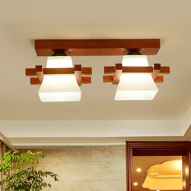Pagoda Shaped Flush Ceiling Light Nordic Frosted White Glass Coffee Semi Mount Lighting with Wooden Frame Clearhalo 'Ceiling Lights' 'Close To Ceiling Lights' 'Close to ceiling' 'Semi-flushmount' Lighting' 2294475