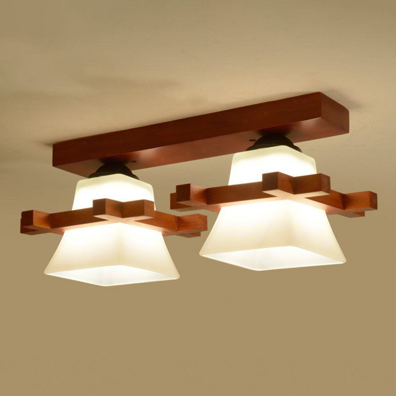 Pagoda Shaped Flush Ceiling Light Nordic Frosted White Glass Coffee Semi Mount Lighting with Wooden Frame Clearhalo 'Ceiling Lights' 'Close To Ceiling Lights' 'Close to ceiling' 'Semi-flushmount' Lighting' 2294476