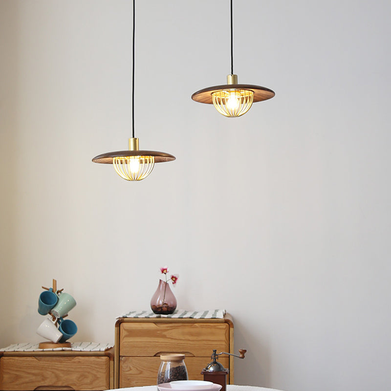 Disc Wooden Pendant Lighting Contemporary 1-Light Hanging Ceiling Light with Cage Bottom Clearhalo 'Ceiling Lights' 'Modern Pendants' 'Modern' 'Pendant Lights' 'Pendants' Lighting' 2294493