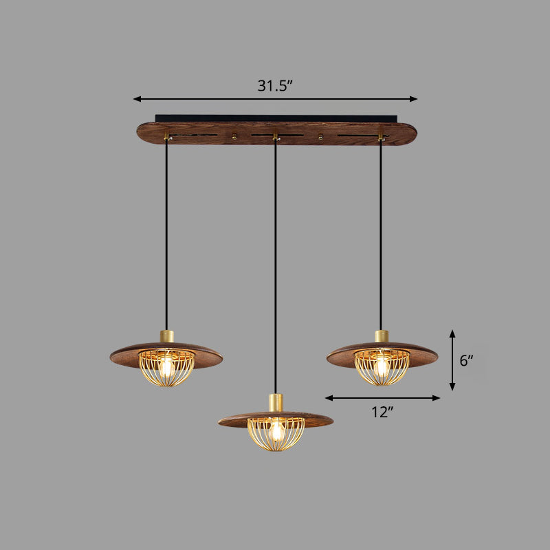 Disc Wooden Pendant Lighting Contemporary 1-Light Hanging Ceiling Light with Cage Bottom 3 Coffee Clearhalo 'Ceiling Lights' 'Modern Pendants' 'Modern' 'Pendant Lights' 'Pendants' Lighting' 2294494