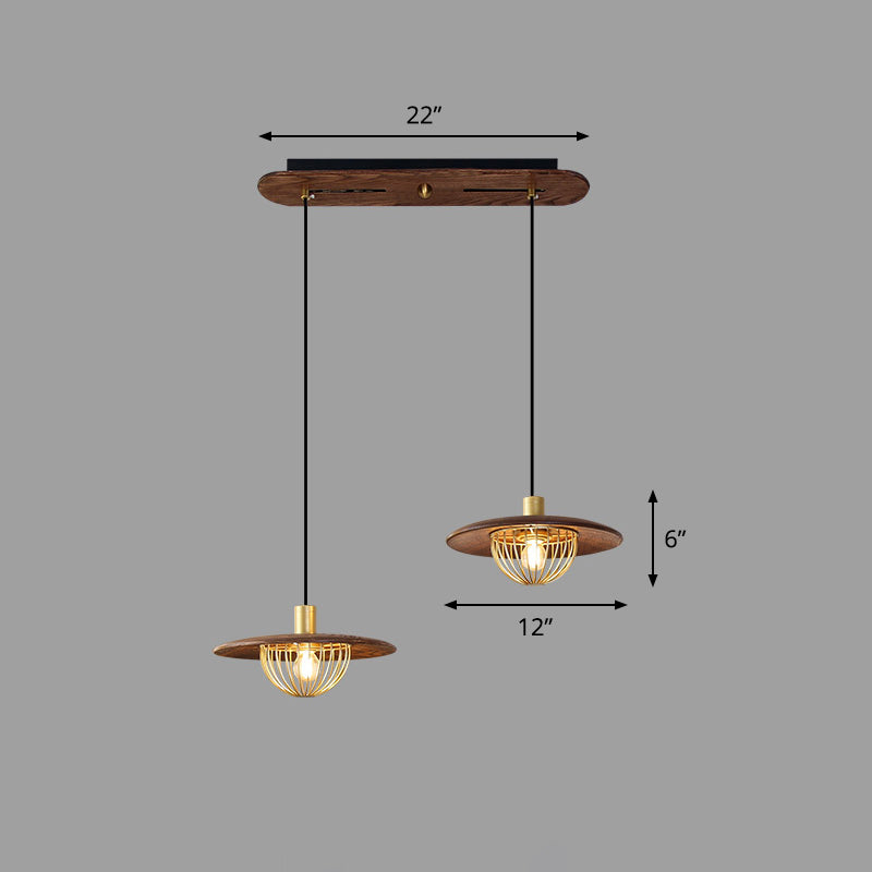 Disc Wooden Pendant Lighting Contemporary 1-Light Hanging Ceiling Light with Cage Bottom 2 Coffee Clearhalo 'Ceiling Lights' 'Modern Pendants' 'Modern' 'Pendant Lights' 'Pendants' Lighting' 2294495