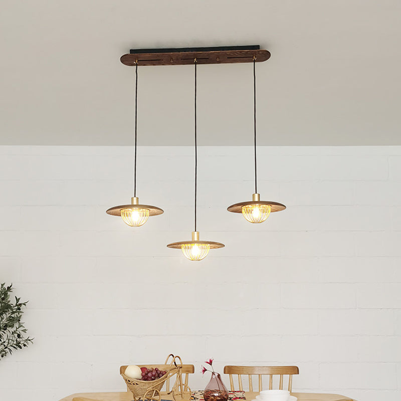 Disc Wooden Pendant Lighting Contemporary 1-Light Hanging Ceiling Light with Cage Bottom Clearhalo 'Ceiling Lights' 'Modern Pendants' 'Modern' 'Pendant Lights' 'Pendants' Lighting' 2294496