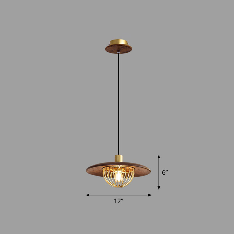 Disc Wooden Pendant Lighting Contemporary 1-Light Hanging Ceiling Light with Cage Bottom 1 Coffee Clearhalo 'Ceiling Lights' 'Modern Pendants' 'Modern' 'Pendant Lights' 'Pendants' Lighting' 2294497