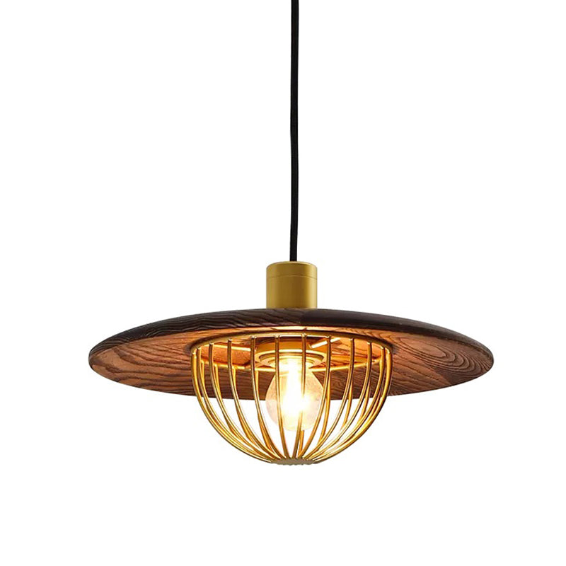 Disc Wooden Pendant Lighting Contemporary 1-Light Hanging Ceiling Light with Cage Bottom Clearhalo 'Ceiling Lights' 'Modern Pendants' 'Modern' 'Pendant Lights' 'Pendants' Lighting' 2294498
