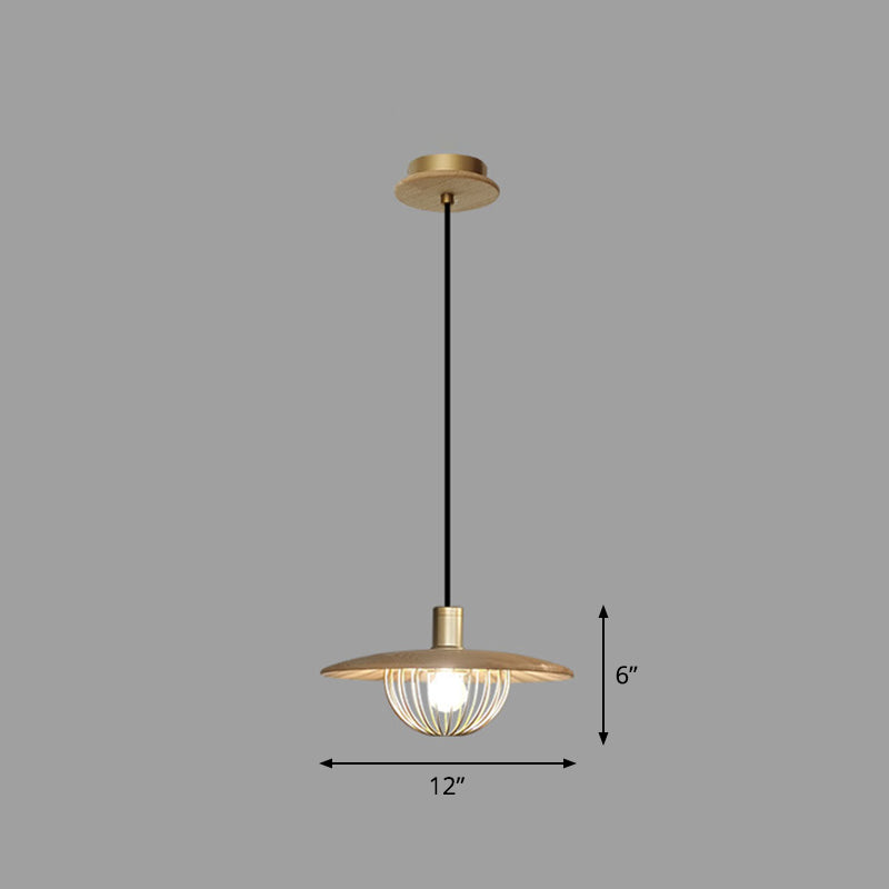 Disc Wooden Pendant Lighting Contemporary 1-Light Hanging Ceiling Light with Cage Bottom 1 Wood Clearhalo 'Ceiling Lights' 'Modern Pendants' 'Modern' 'Pendant Lights' 'Pendants' Lighting' 2294503