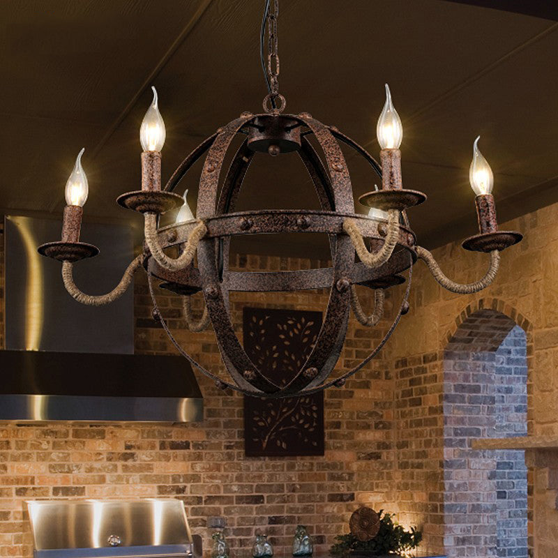 Globe Metal Chandelier Lamp Country Style 6 Lights Dining Room Pendant Lighting in Rust Clearhalo 'Ceiling Lights' 'Chandeliers' Lighting' options 229464