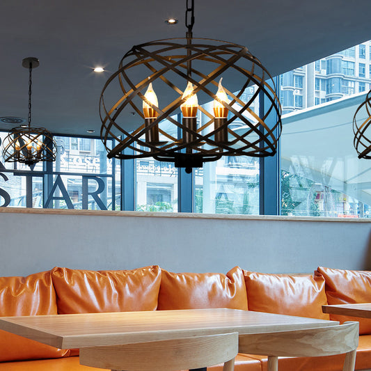 Black 3 Lights Chandelier Light Fixture Country Metal Caged Pendant Lamp for Dining Room Clearhalo 'Ceiling Lights' 'Chandeliers' Lighting' options 229487