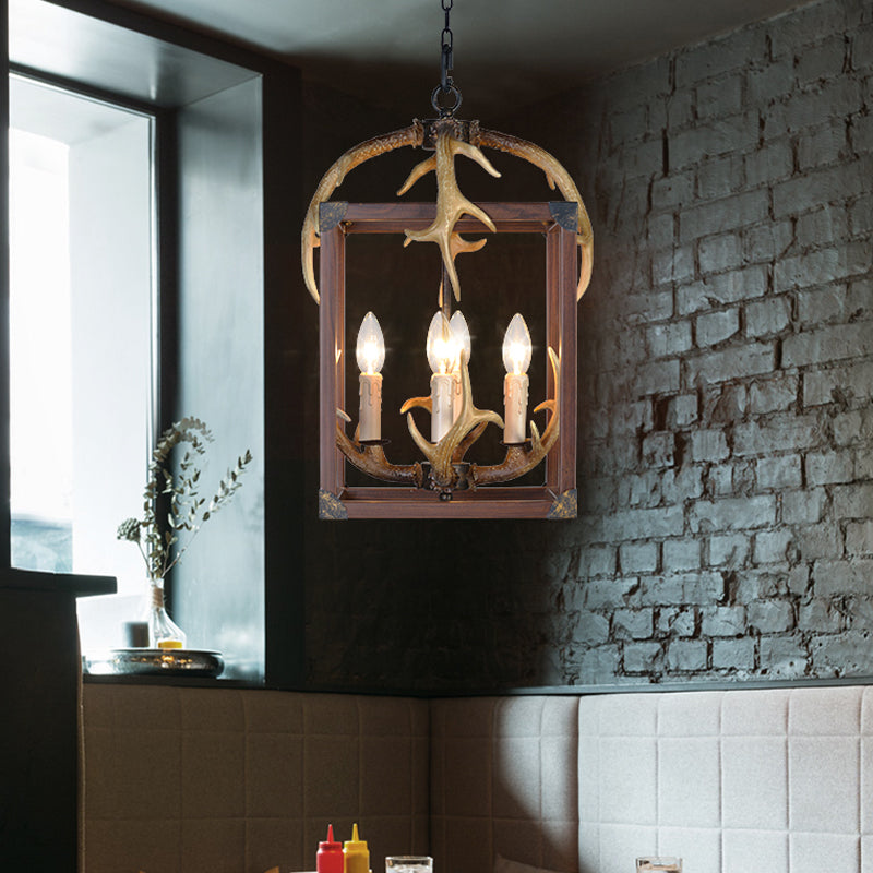 Red Brown Rectangle Frame Pendant Lighting Rustic Metal 4/8 Lights Dining Room Chandelier Lamp Clearhalo 'Ceiling Lights' 'Chandeliers' Lighting' options 229519