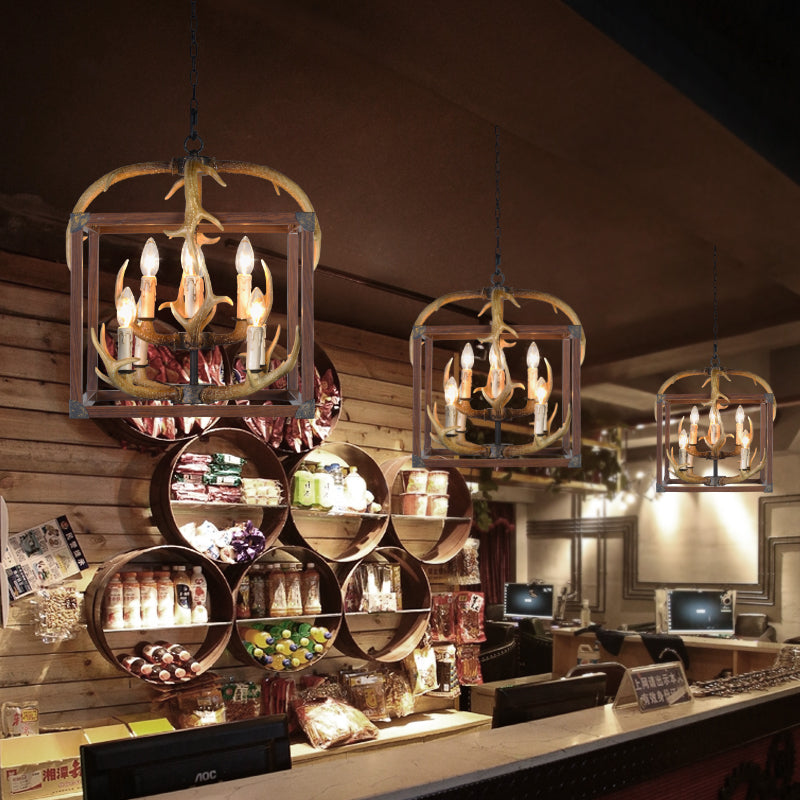 Red Brown Rectangle Frame Pendant Lighting Rustic Metal 4/8 Lights Dining Room Chandelier Lamp Clearhalo 'Ceiling Lights' 'Chandeliers' Lighting' options 229523