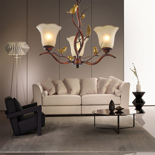Flower Shaped Living Room Ceiling Chandelier Rustic Frosted Glass 3/6/8 Lights Brown Hanging Fixture with Bird Clearhalo 'Ceiling Lights' 'Chandeliers' 'Glass shade' 'Glass' Lighting' 229549