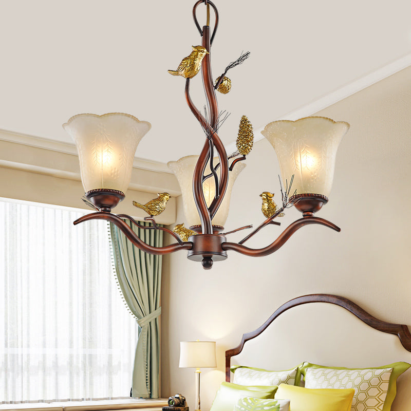 Flower Shaped Living Room Ceiling Chandelier Rustic Frosted Glass 3/6/8 Lights Brown Hanging Fixture with Bird Clearhalo 'Ceiling Lights' 'Chandeliers' 'Glass shade' 'Glass' Lighting' 229550