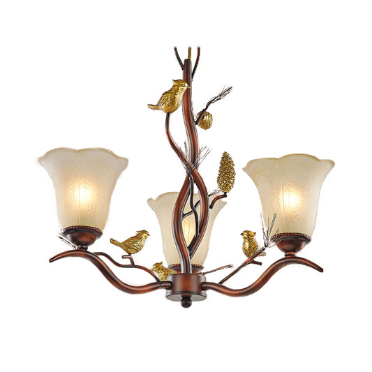 Flower Shaped Living Room Ceiling Chandelier Rustic Frosted Glass 3/6/8 Lights Brown Hanging Fixture with Bird 3 Brown Clearhalo 'Ceiling Lights' 'Chandeliers' 'Glass shade' 'Glass' Lighting' 229551