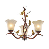 Flower Shaped Living Room Ceiling Chandelier Rustic Frosted Glass 3/6/8 Lights Brown Hanging Fixture with Bird 3 Brown Clearhalo 'Ceiling Lights' 'Chandeliers' 'Glass shade' 'Glass' Lighting' 229551