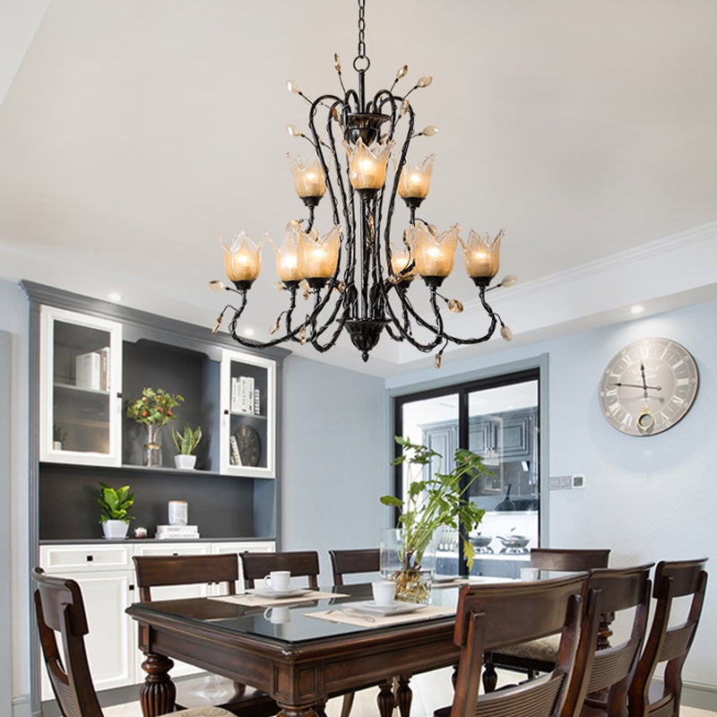 Black 9 Lights Chandelier Light Fixture Country Amber Glass Flower Shaped Pendant Lamp for Dining Room Black Clearhalo 'Ceiling Lights' 'Chandeliers' 'Glass shade' 'Glass' Lighting' 229565