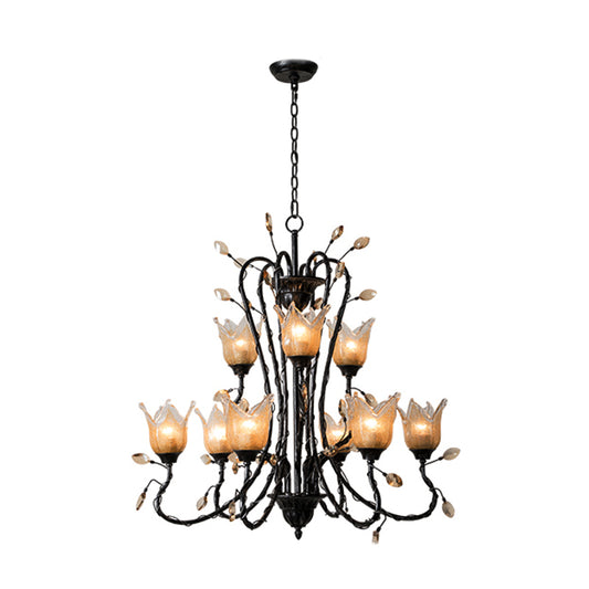 Black 9 Lights Chandelier Light Fixture Country Amber Glass Flower Shaped Pendant Lamp for Dining Room Clearhalo 'Ceiling Lights' 'Chandeliers' 'Glass shade' 'Glass' Lighting' 229567