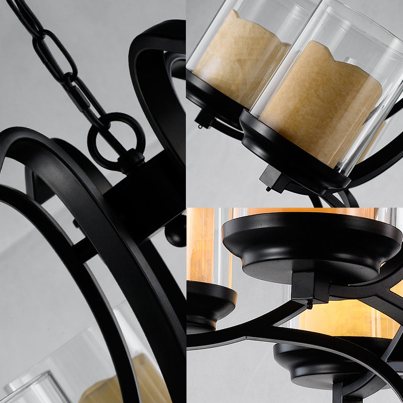 6 Lights Dining Room Ceiling Lamp Country Black Chandelier Light with Cylinder Marble and Clear Glass Shade Clearhalo 'Ceiling Lights' 'Chandeliers' Lighting' options 229594