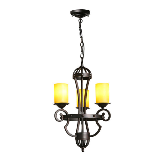 3 Lights Dining Room Chandelier Light Rustic Black Hanging Fixture with Cylinder Yellow Glass Shade Clearhalo 'Ceiling Lights' 'Chandeliers' 'Close To Ceiling Lights' 'Glass shade' 'Glass' Lighting' 229598