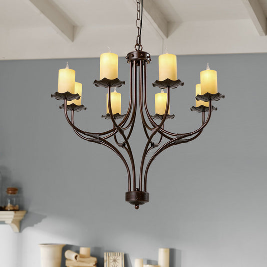 8 Lights Yellow Glass Hanging Chandelier Country Bronze Candle Shaped Living Room Pendant Light Fixture Clearhalo 'Ceiling Lights' 'Chandeliers' 'Close To Ceiling Lights' 'Glass shade' 'Glass' Lighting' 229601