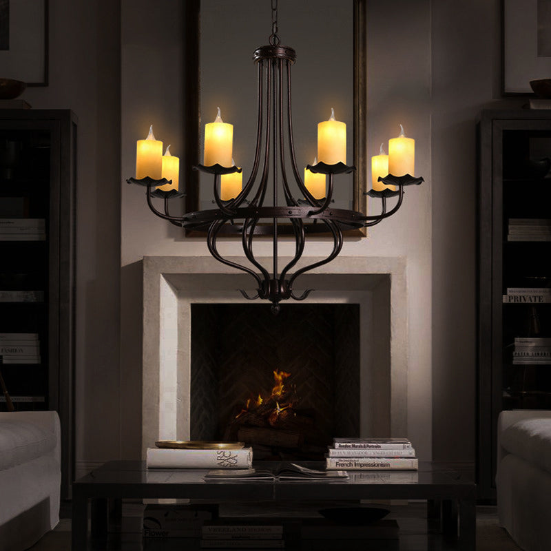 Candle Yellow Glass Chandelier Lamp Country 8 Lights Dining Room Pendant Lighting in Bronze Clearhalo 'Ceiling Lights' 'Chandeliers' 'Close To Ceiling Lights' 'Glass shade' 'Glass' Lighting' 229605