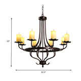 Candle Yellow Glass Chandelier Lamp Country 8 Lights Dining Room Pendant Lighting in Bronze Clearhalo 'Ceiling Lights' 'Chandeliers' 'Close To Ceiling Lights' 'Glass shade' 'Glass' Lighting' 229607