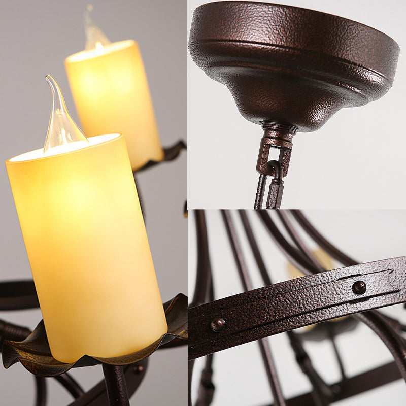 Candle Yellow Glass Chandelier Lamp Country 8 Lights Dining Room Pendant Lighting in Bronze Clearhalo 'Ceiling Lights' 'Chandeliers' 'Close To Ceiling Lights' 'Glass shade' 'Glass' Lighting' 229608