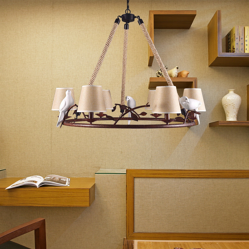 Wheel Metal Chandelier Lighting Vintage 6 Lights Dining Room Pendant Lighting in Rust with Tapered Fabric Shade Rust Clearhalo 'Ceiling Lights' 'Chandeliers' Lighting' options 229609_62dae47e-5c65-4b24-afe0-fe7521bb02c8