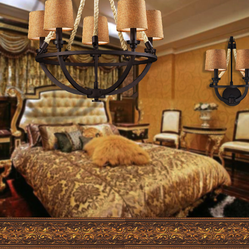 Semi-Circle Cage Bedroom Pendant Chandelier Country Metal 5 Lights Bronze Hanging Fixture with Fabric Shade Clearhalo 'Ceiling Lights' 'Chandeliers' Lighting' options 229613