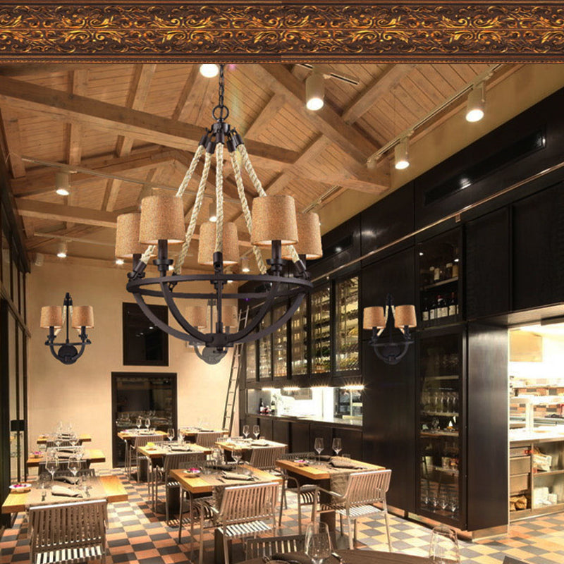 Semi-Circle Cage Bedroom Pendant Chandelier Country Metal 5 Lights Bronze Hanging Fixture with Fabric Shade Clearhalo 'Ceiling Lights' 'Chandeliers' Lighting' options 229614