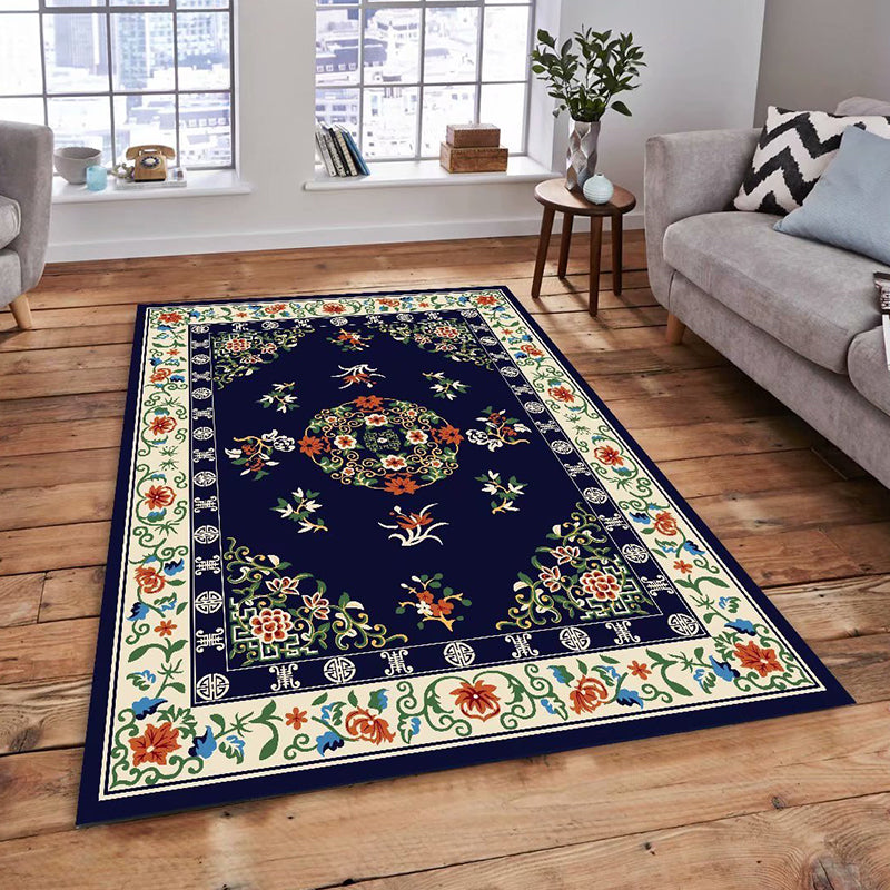 Multi Colored Persian Rug Synthetics Flower Printed Indoor Rug Anti-Slip Backing Pet Friendly Carpet for Decoration Navy Clearhalo 'Area Rug' 'Moroccan' 'Rugs' Rug' 2296445