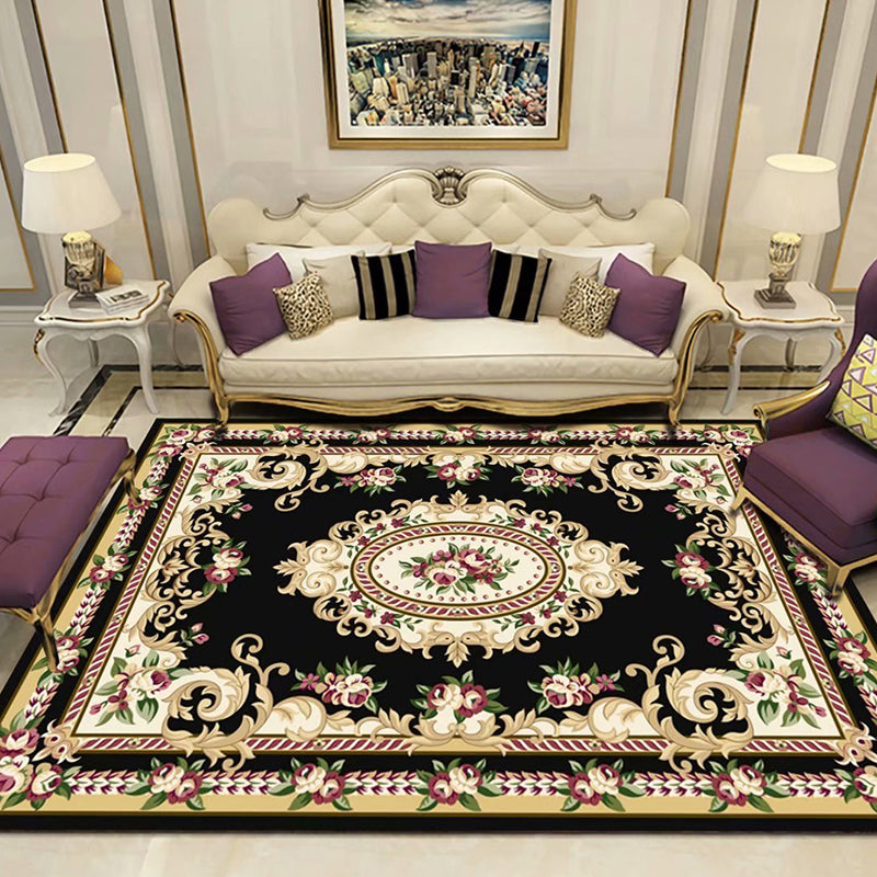 Multi Colored Persian Rug Synthetics Flower Printed Indoor Rug Anti-Slip Backing Pet Friendly Carpet for Decoration Black-White Clearhalo 'Area Rug' 'Moroccan' 'Rugs' Rug' 2296449