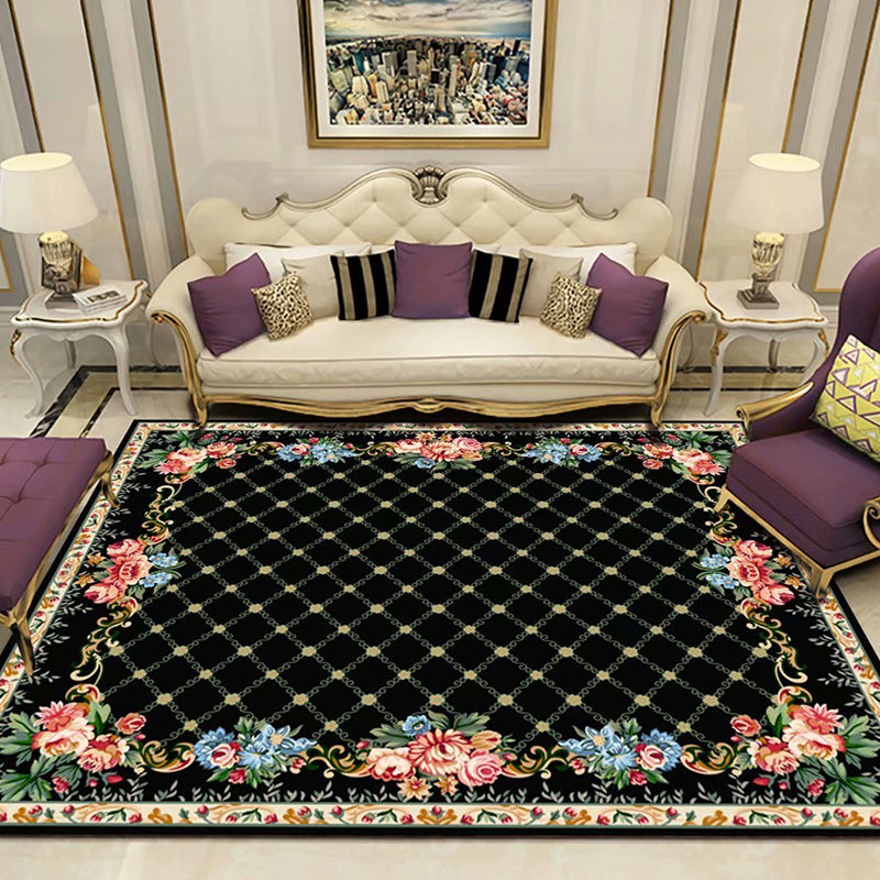 Multi Colored Persian Rug Synthetics Flower Printed Indoor Rug Anti-Slip Backing Pet Friendly Carpet for Decoration Black Clearhalo 'Area Rug' 'Moroccan' 'Rugs' Rug' 2296451