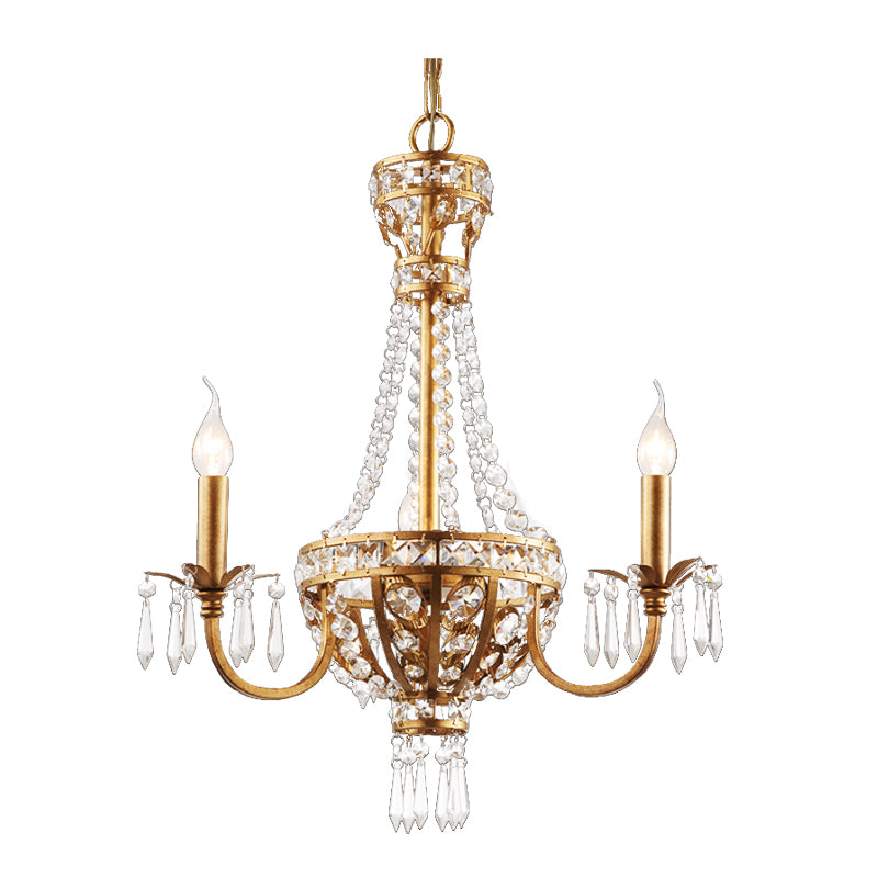 Candle Crystal Chandelier Lamp Country 3 Lights Dining Room Pendant Lighting in Gold Clearhalo 'Ceiling Lights' 'Chandeliers' Lighting' options 229691