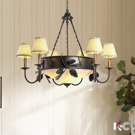 9 Lights Ceiling Light Country Domed Frosted Glass Hanging Chandelier in Black for Dining Room with Fabric Shade Black Clearhalo 'Ceiling Lights' 'Chandeliers' 'Close To Ceiling Lights' 'Glass shade' 'Glass' Lighting' 229707