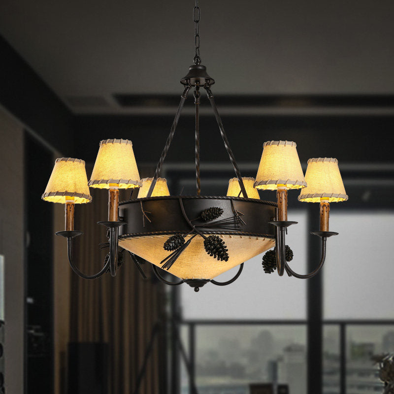 9 Lights Ceiling Light Country Domed Frosted Glass Hanging Chandelier in Black for Dining Room with Fabric Shade Clearhalo 'Ceiling Lights' 'Chandeliers' 'Close To Ceiling Lights' 'Glass shade' 'Glass' Lighting' 229708