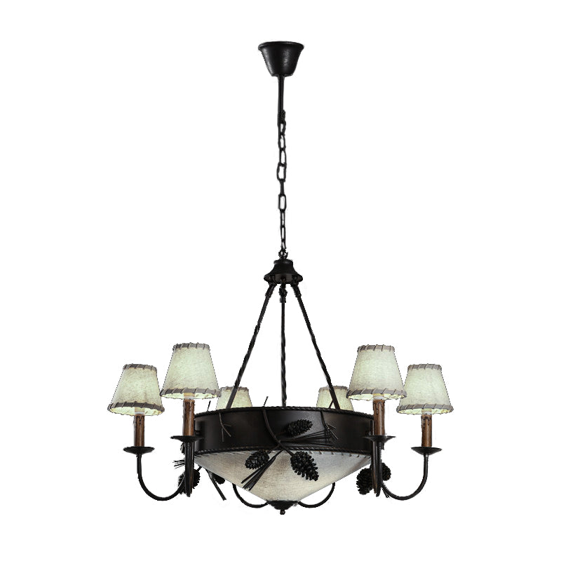 9 Lights Ceiling Light Country Domed Frosted Glass Hanging Chandelier in Black for Dining Room with Fabric Shade Clearhalo 'Ceiling Lights' 'Chandeliers' 'Close To Ceiling Lights' 'Glass shade' 'Glass' Lighting' 229709