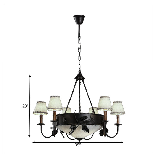 9 Lights Ceiling Light Country Domed Frosted Glass Hanging Chandelier in Black for Dining Room with Fabric Shade Clearhalo 'Ceiling Lights' 'Chandeliers' 'Close To Ceiling Lights' 'Glass shade' 'Glass' Lighting' 229710
