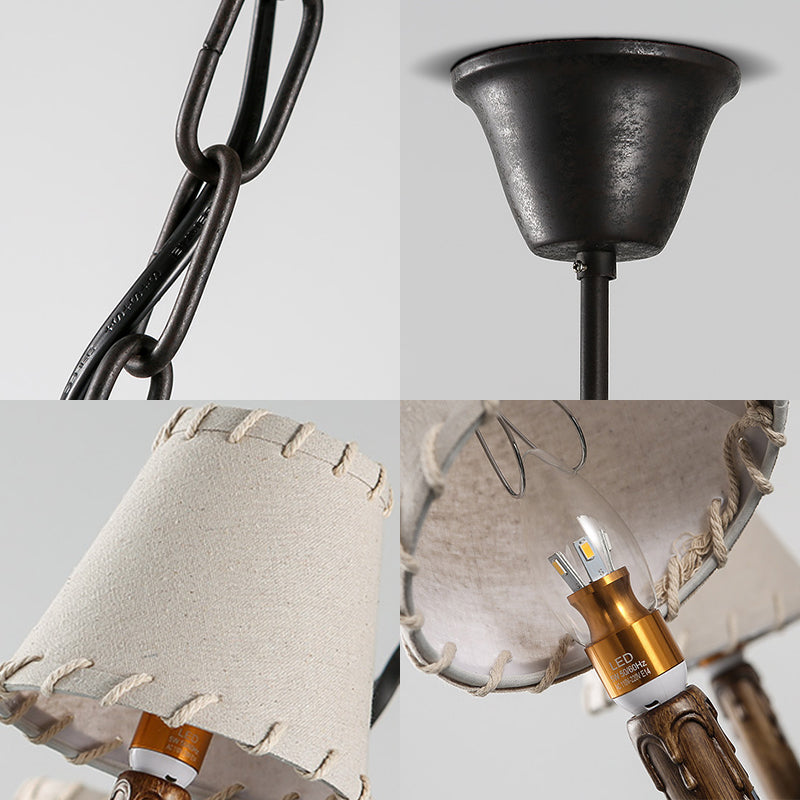 9 Lights Ceiling Light Country Domed Frosted Glass Hanging Chandelier in Black for Dining Room with Fabric Shade Clearhalo 'Ceiling Lights' 'Chandeliers' 'Close To Ceiling Lights' 'Glass shade' 'Glass' Lighting' 229711