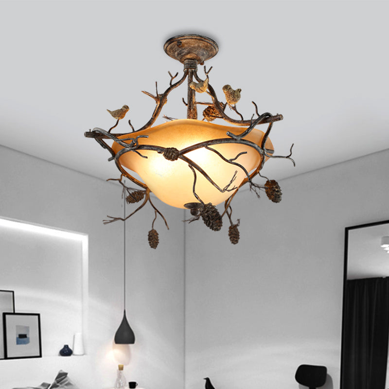 3 Lights Bowl Semi Flush Light Country Bronze Frosted Glass Semi Flush Mount Lighting for Bedroom Clearhalo 'Ceiling Lights' 'Close To Ceiling Lights' 'Close to ceiling' 'Glass shade' 'Glass' 'Island Lights' 'Semi-flushmount' Lighting' 229784