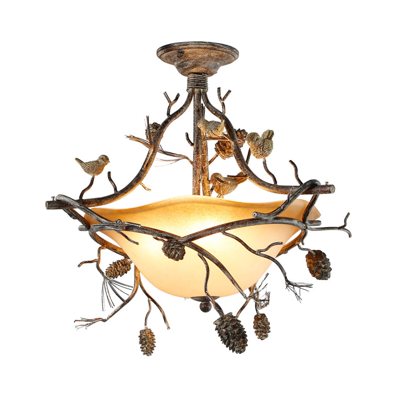 3 Lights Bowl Semi Flush Light Country Bronze Frosted Glass Semi Flush Mount Lighting for Bedroom Clearhalo 'Ceiling Lights' 'Close To Ceiling Lights' 'Close to ceiling' 'Glass shade' 'Glass' 'Island Lights' 'Semi-flushmount' Lighting' 229785