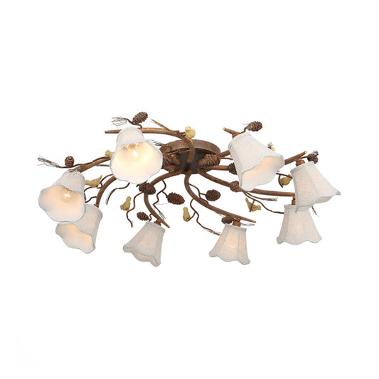 8-Light Semi Flush Mount Country Scalloped White Glass Ceiling Light Fixture in Rust for Living Room Clearhalo 'Ceiling Lights' 'Close To Ceiling Lights' 'Close to ceiling' 'Glass shade' 'Glass' 'Semi-flushmount' Lighting' 229795