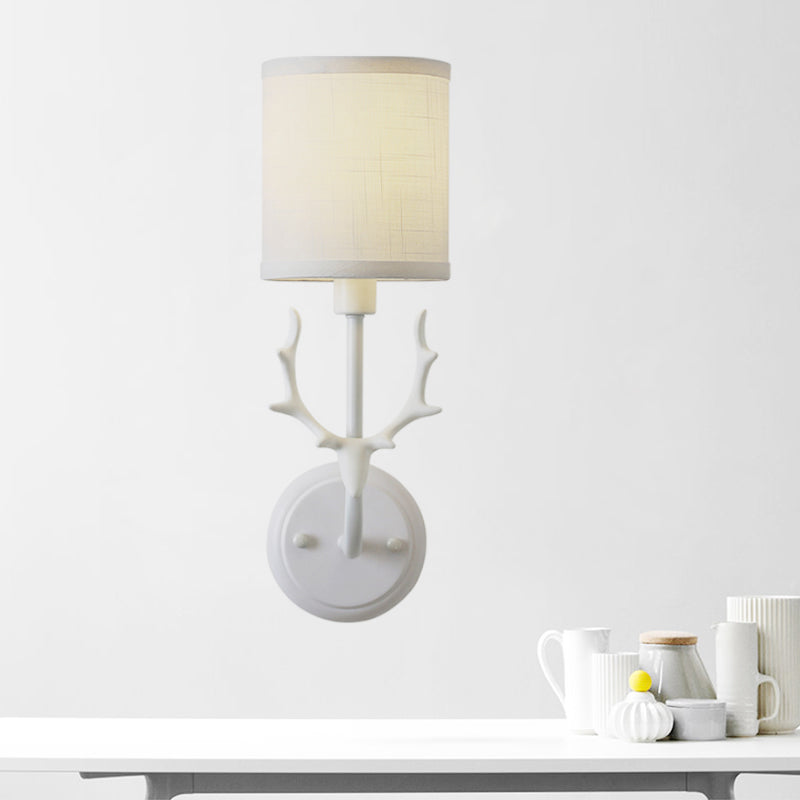 Rustic Cylinder Sconce Lamp 1 Bulb Resin and Fabric Wall Mounted Light in Black/White with Antler Decoration White Clearhalo 'Wall Lamps & Sconces' 'Wall Lights' Lighting' 229924