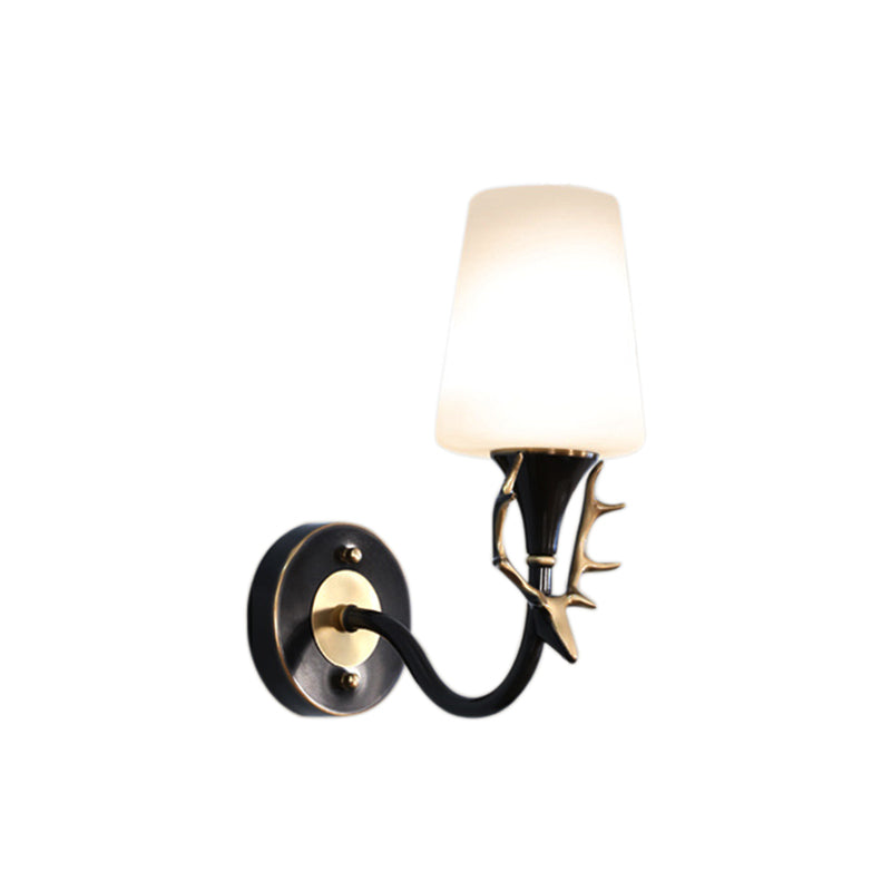 Black/Gold 1/2 Light Sconce Light Rustic Metal Curved Arm Wall Lighting for Bedroom with Tapered Frosted Glass Shade Clearhalo 'Wall Lamps & Sconces' 'Wall Lights' Lighting' 229949
