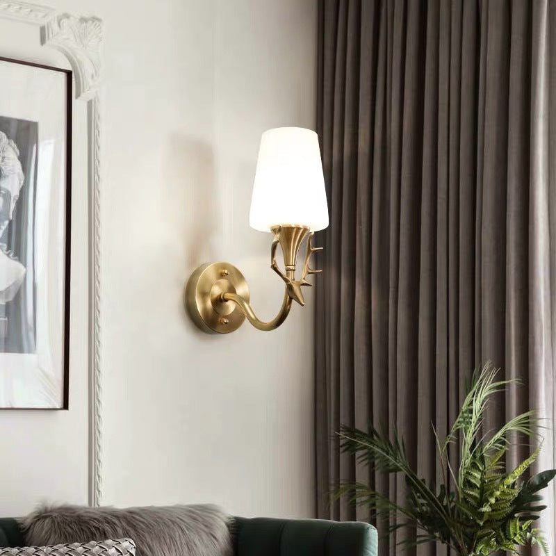 Black/Gold 1/2 Light Sconce Light Rustic Metal Curved Arm Wall Lighting for Bedroom with Tapered Frosted Glass Shade 1.0 Gold Clearhalo 'Wall Lamps & Sconces' 'Wall Lights' Lighting' 229951