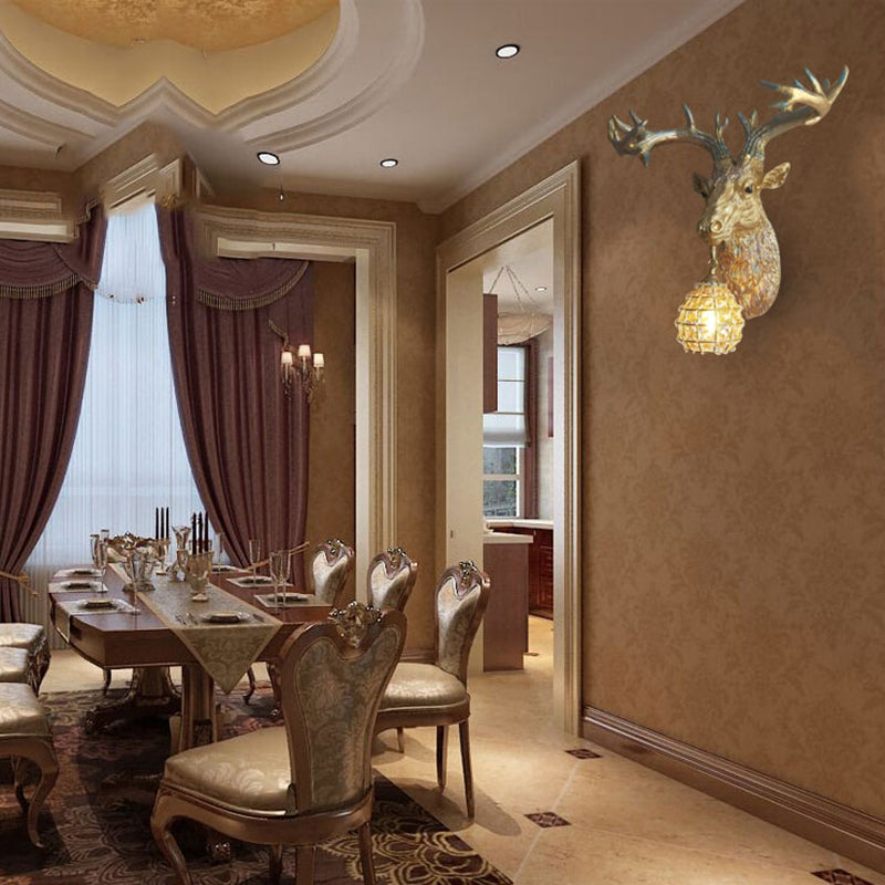 1 Bulb Deer Sconce Lamp Rustic Gold Resin Wall Mounted Light for Dining Room with Orb Crystal Glass Shade Gold Clearhalo 'Wall Lamps & Sconces' 'Wall Lights' Lighting' 230053