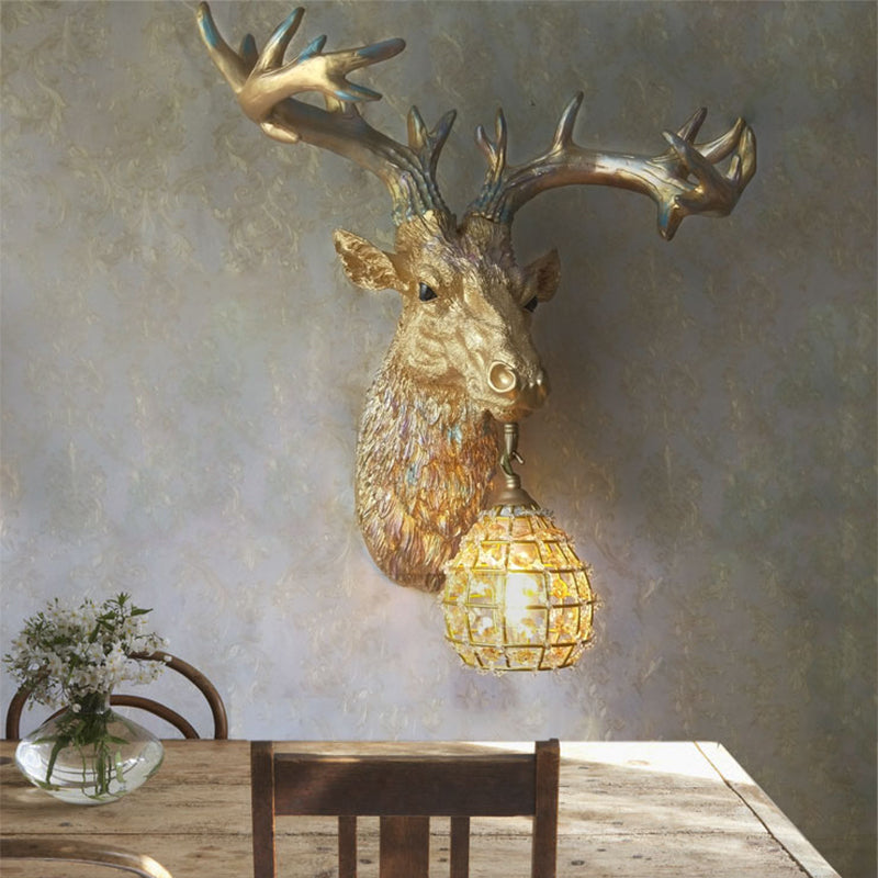 1 Bulb Deer Sconce Lamp Rustic Gold Resin Wall Mounted Light for Dining Room with Orb Crystal Glass Shade Clearhalo 'Wall Lamps & Sconces' 'Wall Lights' Lighting' 230054