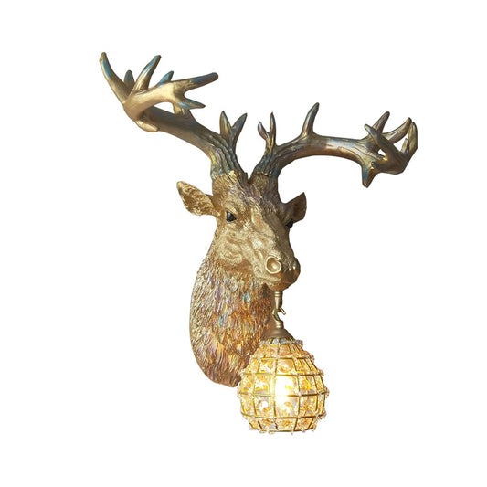 1 Bulb Deer Sconce Lamp Rustic Gold Resin Wall Mounted Light for Dining Room with Orb Crystal Glass Shade Clearhalo 'Wall Lamps & Sconces' 'Wall Lights' Lighting' 230055